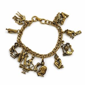 Vintage Gold Tone Egyptian Revival Charm Bracelet with Charms Chunky Chain